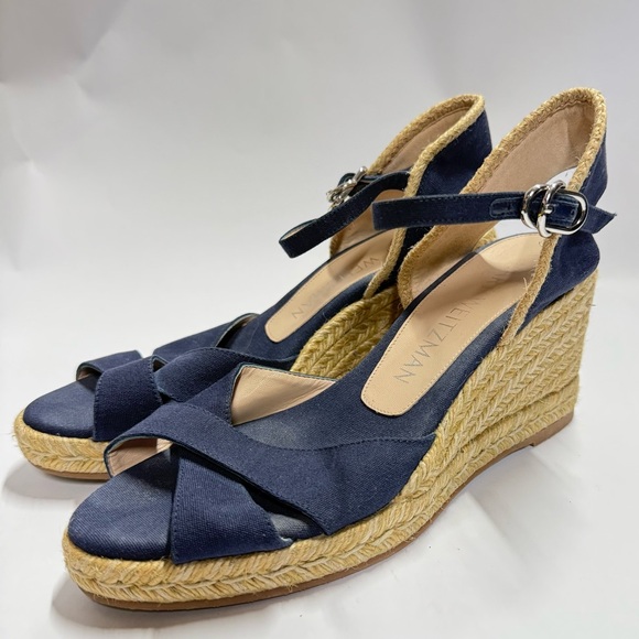 Stuart Weitzman Navy Wedge Sandals - Picture 1 of 10